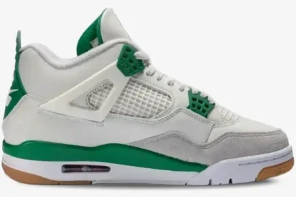 Side profile of Air Jordan 4 Retro x Nike SB Pine Green sneakers in white, grey, and green. - SKU DR5415-103