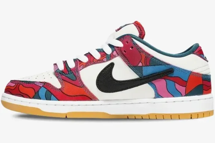 Side profile of Nike SB Dunk Low x Parra Abstract sneakers with colorful wavy patterns and a black swoosh. - SKU DH7695-600