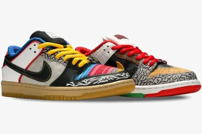 Nike SB Dunk Low What The Paul sneakers in a mismatched multi-color design, side profile view on white background. - SKU CZ2239-600