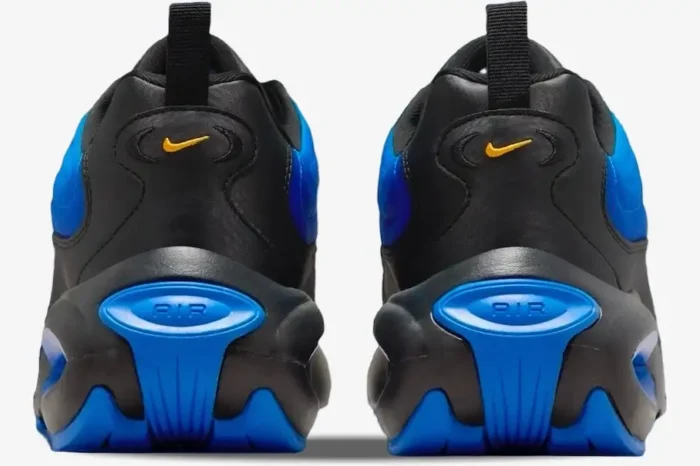 Rear view of Nike Wmns Air Max Portal sneakers in black and racer blue with yellow swoosh. - SKU HF3053-005