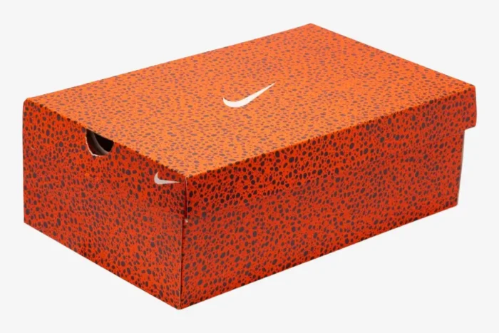 Nike ZoomX Vaporfly 3 Electric Pack Olympic Safari shoe box with orange safari print, three-quarter view. - SKU FV2324-100