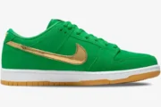 Nike Dunk Low SB St Patrick's Day in green suede with a gold Swoosh, side profile view. - SKU BQ6817-303