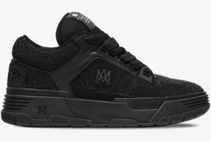 Amiri MA-1 black rhinestone sneakers in a side profile view with crystal embellishments. - SKU AMFOSR1038-001