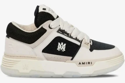 Amiri MA-1 'White Black' premium sneaker, side profile view showing mesh and leather panels. - SKU PF23MFS010-111