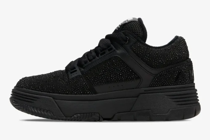 Side profile of Amiri MA-1 black rhinestone sneakers with a chunky platform sole and crystal-embellished upper. - SKU AMFOSR1038-001
