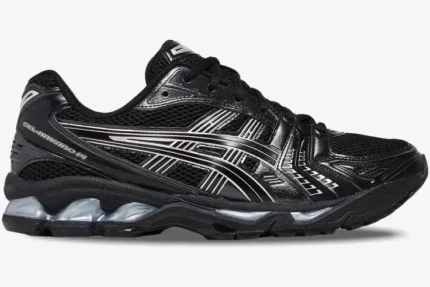 Side view of Asics Gel-Kayano 14 running shoes in black and metallic silver with mesh upper. - SKU 1201A019-006