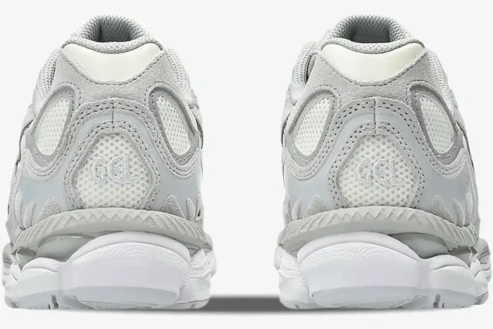 Rear view of Asics Gel NYC sneakers in Cream Cloud Grey, showing the textured heel and sole design. - SKU 1203A663-101