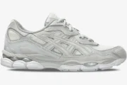 Side profile of Asics Gel NYC sneakers in Cream Cloud Grey with mesh and suede overlays. - SKU 1203A663-101