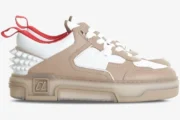 Christian Louboutin Astroloubi sneaker in beige, white, and red, shown from a side profile view. - SKU 1240001F688