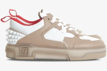Christian Louboutin Astroloubi sneaker in beige, white, and red, shown from a side profile view. - SKU 1240001F688