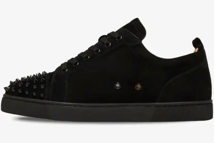 Christian Louboutin Louis Junior Spikes Flat in black suede, side profile view. - SKU 1130575