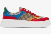 Side view of Gucci GG Supreme low top sneakers in beige canvas with blue, red, and yellow leather panels. - SKU 726828FABAV4050
