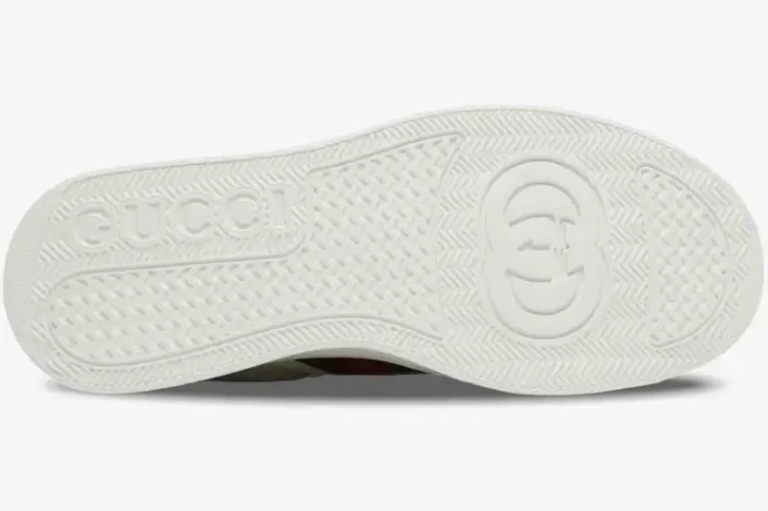 Bottom sole view of a white Gucci Mac80 Chunky GG Web sneaker with embossed logo and herringbone pattern. - SKU 669698UPG109060