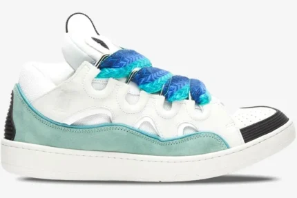 Side profile of a Lanvin Curb Sneaker in white and green with chunky blue braided laces. - SKU FM-SKRK11-DRAG-H220040