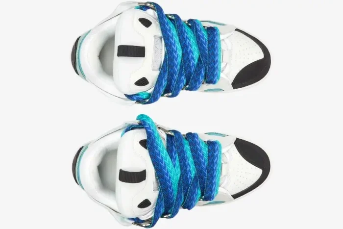 Top-down view of white Lanvin Curb Sneakers featuring thick blue and green patterned laces. - SKU FM-SKRK11-DRAG-H220040