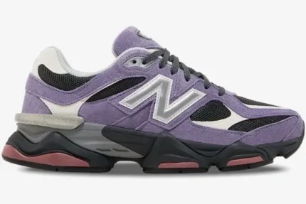 Side view of New Balance 9060 Mercury Black sneakers featuring purple suede and black mesh. - SKU U9060VRB