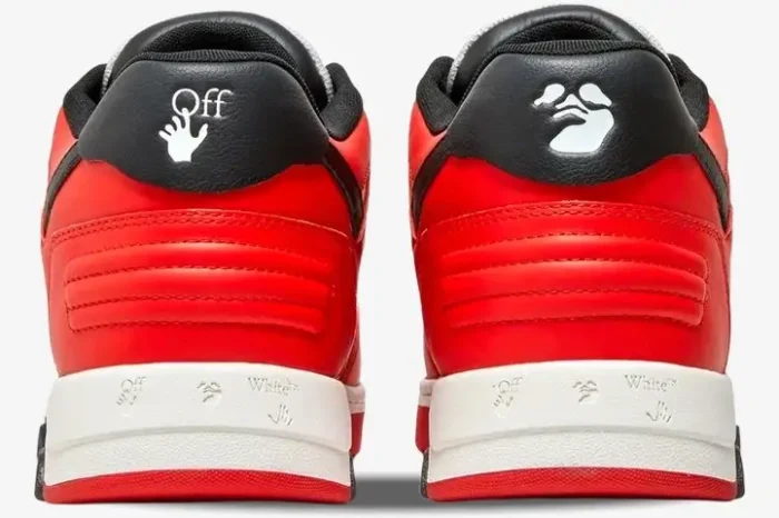 Rear view of Off-White Out Of Office 'OOO' Low sneakers in red, black, and white showing heel logos. - SKU OMIA189S23LEA001-2510