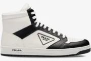 Side view of Prada District high-top leather sneakers in a white and black colorway. - SKU 2TE182-3LJ6-F0964