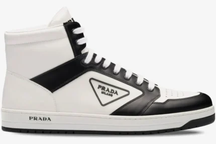 Side view of Prada District high-top leather sneakers in a white and black colorway. - SKU 2TE182-3LJ6-F0964