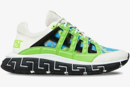 Side view of Versace Trigreca Baroccofest sneakers in blue and green with a black Greek key patterned sole. - SKU DSU8094-1A02706-6V250
