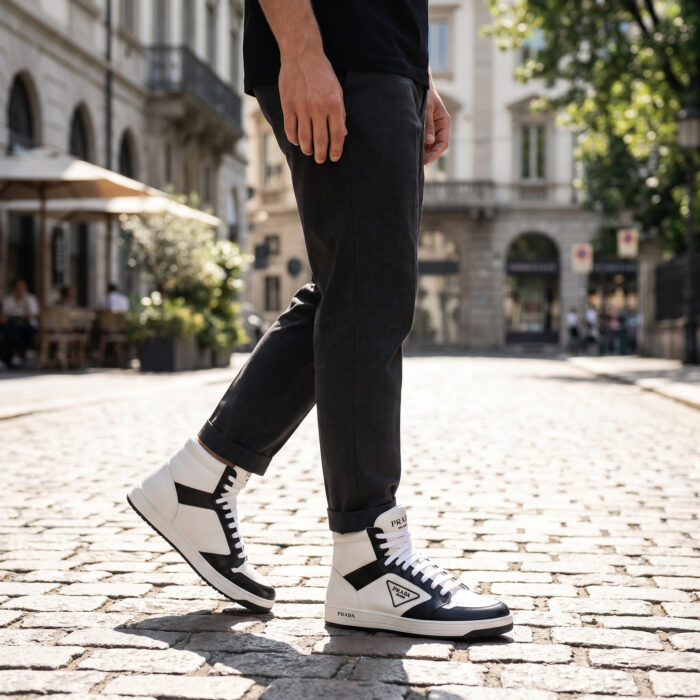 Prada District High Top Leather Sneakers - White/Black [Lifestyle AI]