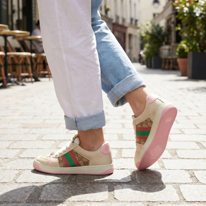Gucci Screener GG Supreme Distressed Sneakers in Cream and Pink [Lifestyle AI]