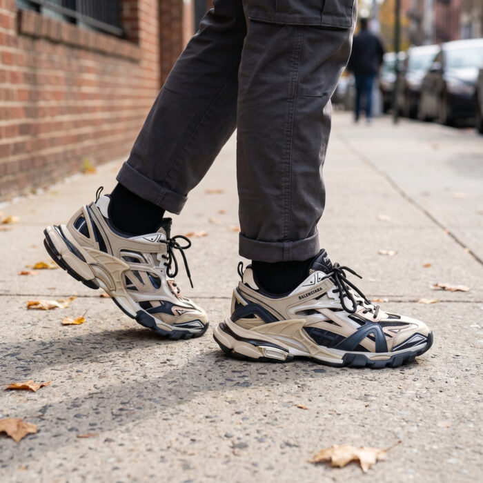 Balenciaga Track 2.0 Sneakers in Beige, Black, and Silver [Lifestyle AI]