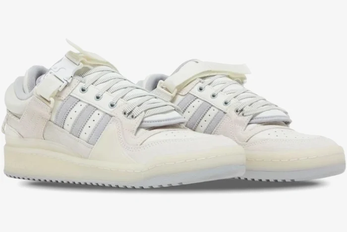 Adidas Forum Buckle Low x Bad Bunny white cream sneakers, three-quarter side perspective. - SKU HQ2153