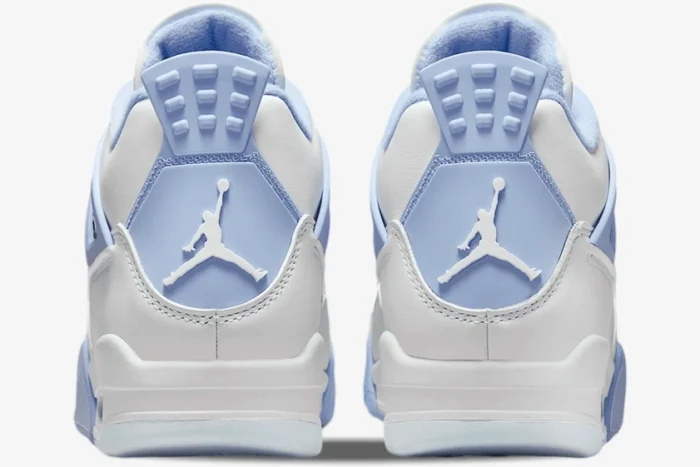 Back view of women's Air Jordan 4 Forget Me Not custom sneakers in white and light blue. - SKU HV0823-100
