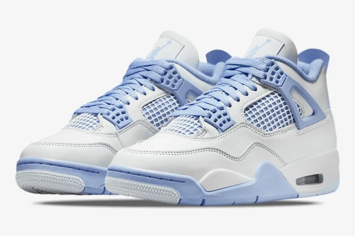 Women's Air Jordan 4 Forget Me Not custom sneakers in white and light blue, three-quarter front view. - SKU HV0823-100