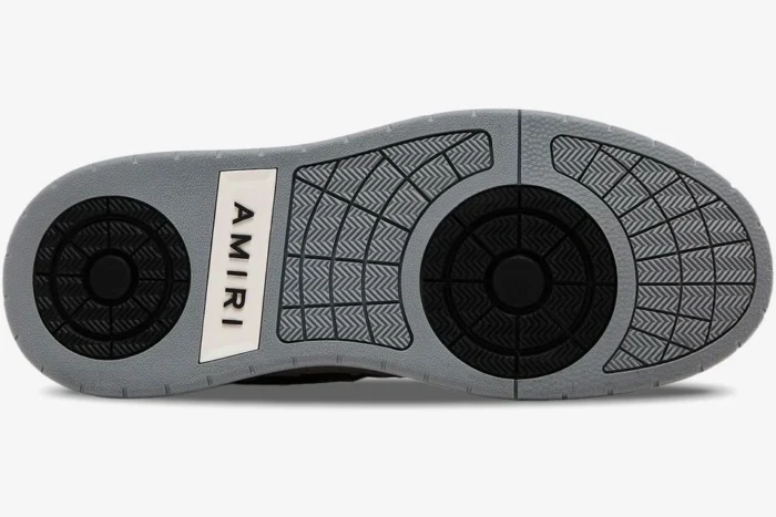 Bottom view of the Amiri Classic Low 'White Grey Black' luxury sneaker outsole with branding. - SKU AMFOSR1067-001