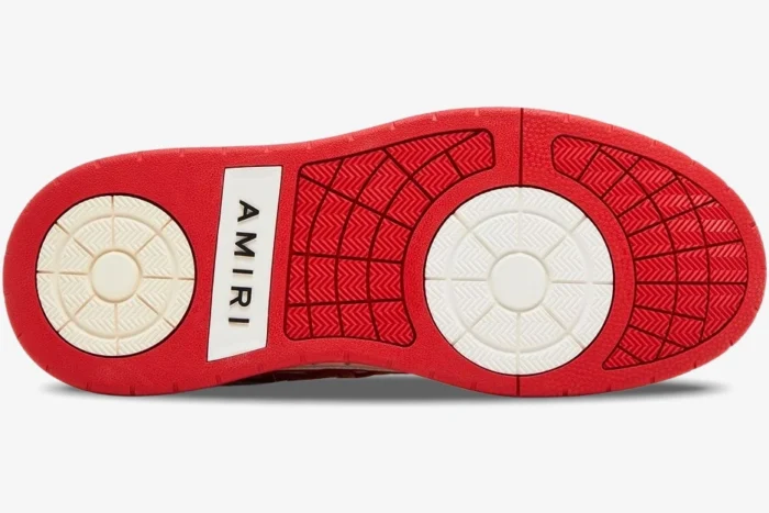Bottom view of Amiri Classic Low White Red leather sneakers showing the red and white rubber outsole. - SKU AMFOSR1043-147