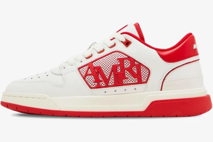 Amiri Classic Low 'White Red' leather sneakers in a side profile view with large red logo. - SKU AMFOSR1043-147