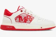 Amiri Classic Low white and red leather sneakers, side profile view with bold red logo. - SKU AMFOSR1043-147