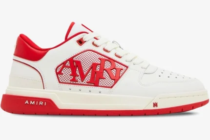 Amiri Classic Low white and red leather sneakers, side profile view with bold red logo. - SKU AMFOSR1043-147