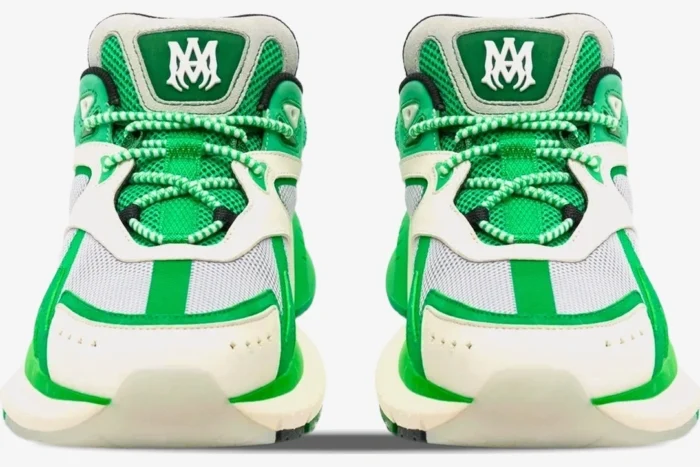 Front view of Amiri MA Runner Low sneakers in green and white leather and suede. - SKU AMFOSR1020-310
