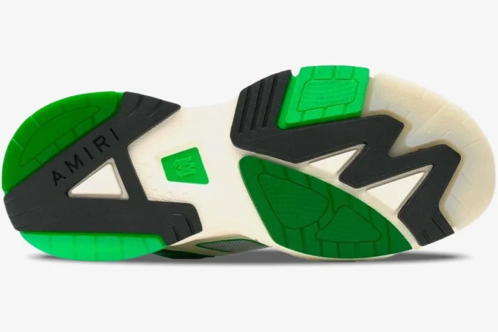 Sole view of Amiri MA Runner Low sneakers in green, black, and white with logo detail. - SKU AMFOSR1020-310