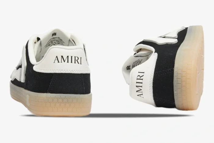 Rear view of Amiri Pacific Bones sneakers in black and white with a gum sole. - SKU amfosr1102-001