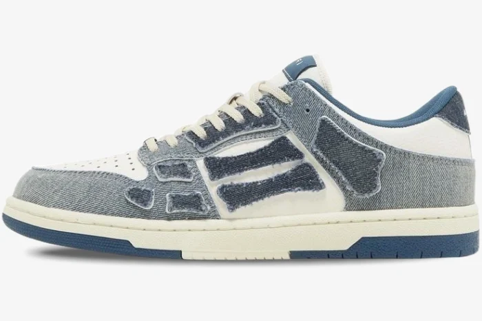 Amiri Skel Top Low Denim Skeleton sneaker in blue, white, and grey, side profile view. - SKU pf23mfs007-533