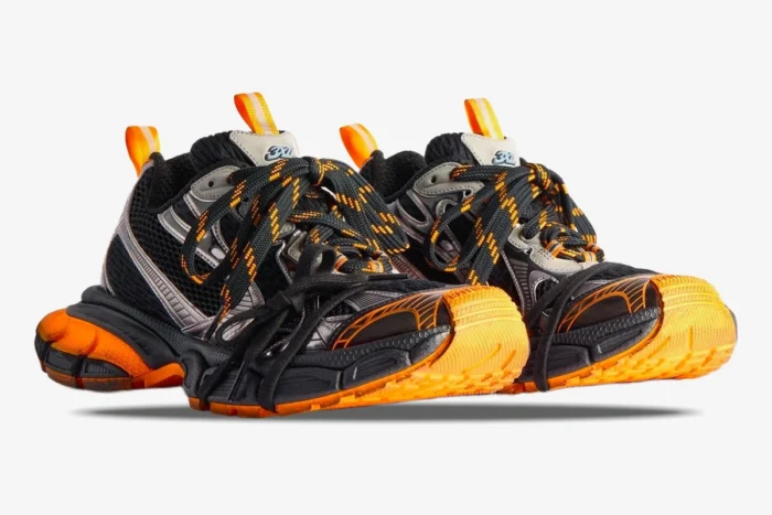 Balenciaga 3XL low top sneakers in orange and grey mesh, three-quarter side view. - SKU 734734W3XL31178