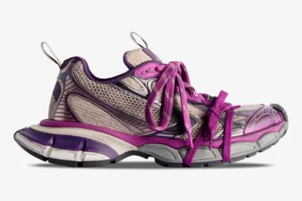 Side view of Balenciaga 3XL purple and grey mesh low top sneakers with chunky soles and extra laces. - SKU 241342F128023