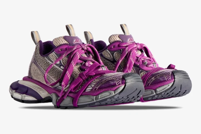 Balenciaga 3XL purple and grey mesh low top sneakers shown from a side perspective. - SKU 241342F128023