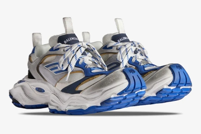 Balenciaga Cargo Sneaker in white, grey, and blue, shown from a low three-quarter front angle. - SKU 785754W2MV11940