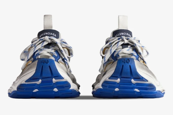 Front view of Balenciaga Cargo Sneakers in white, grey, and blue with size 40 on the toe. - SKU 785754W2MV11940