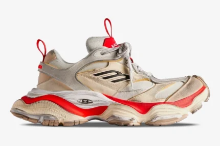 Side view of a Balenciaga Cargo Worn-Out sneaker in beige and red with a distressed finish. - SKU 785754W2MV12160