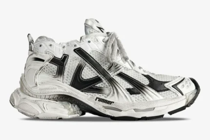 Balenciaga Runner Gradient Sneaker in white and black, side profile view with distressed finish. - SKU 677403W3RB19010