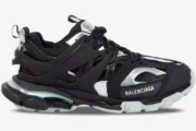 Side profile of Balenciaga Track Black Silver sneaker with metallic accents and layered sole. - SKU 542023 W2FSC1081