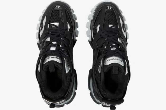 Top-down view of Balenciaga Track sneakers in black and silver with size 42 on the toe. - SKU 542023 W2FSC1081