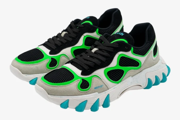 Balmain B-East sneakers in black, green, and turquoise, three-quarter view showing mesh and suede details. - SKU AM1VI327THTF