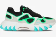 Balmain B-East leather suede and mesh sneaker in black, green, and turquoise, side profile view. - SKU AM1VI327THTF